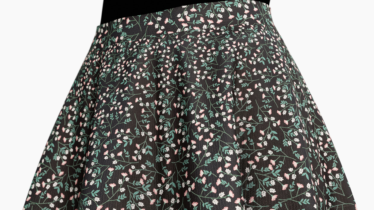 Close-up of the female skirt with floral pattern